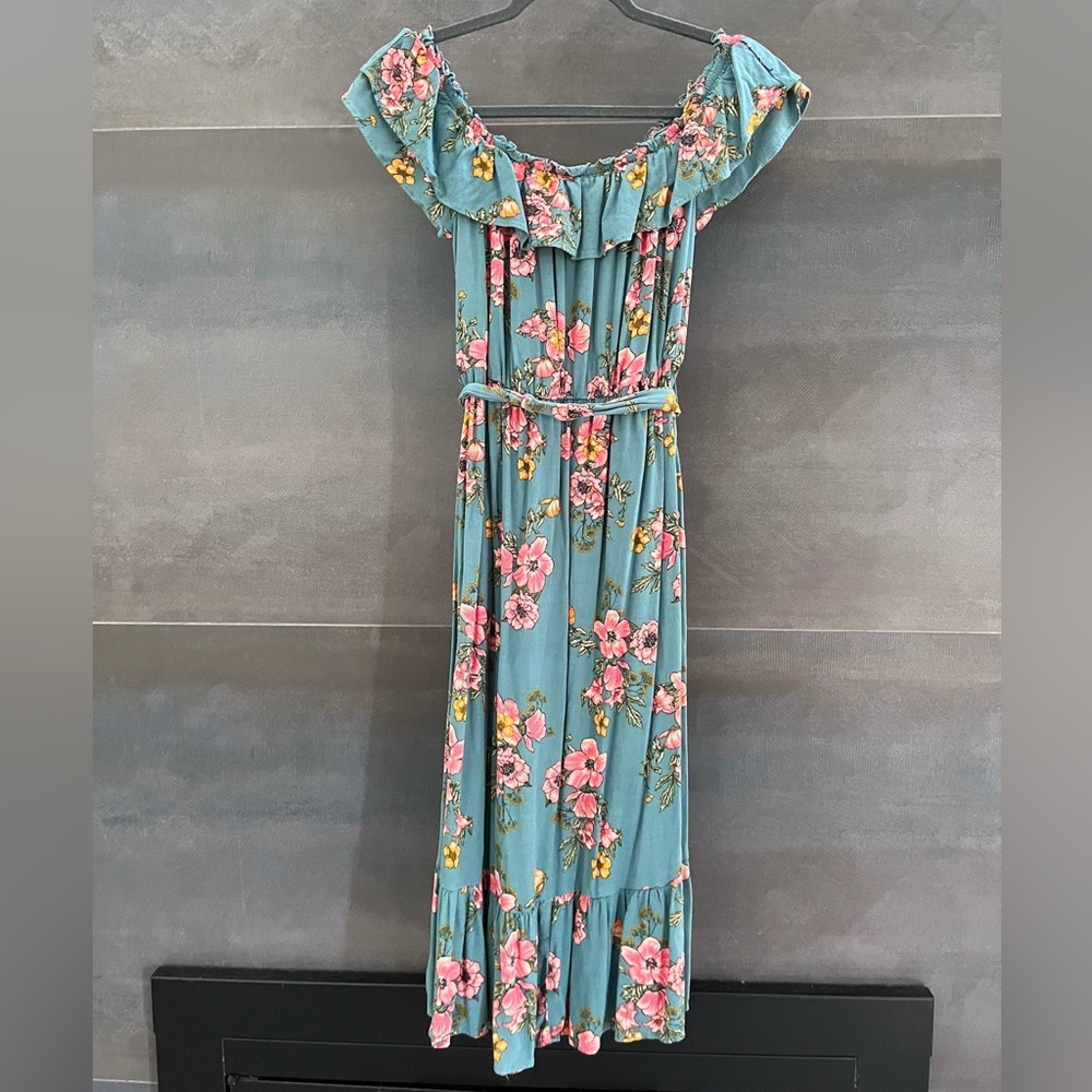 Off-Shoulder Floral Teal Ruffle Hem Midi Dress